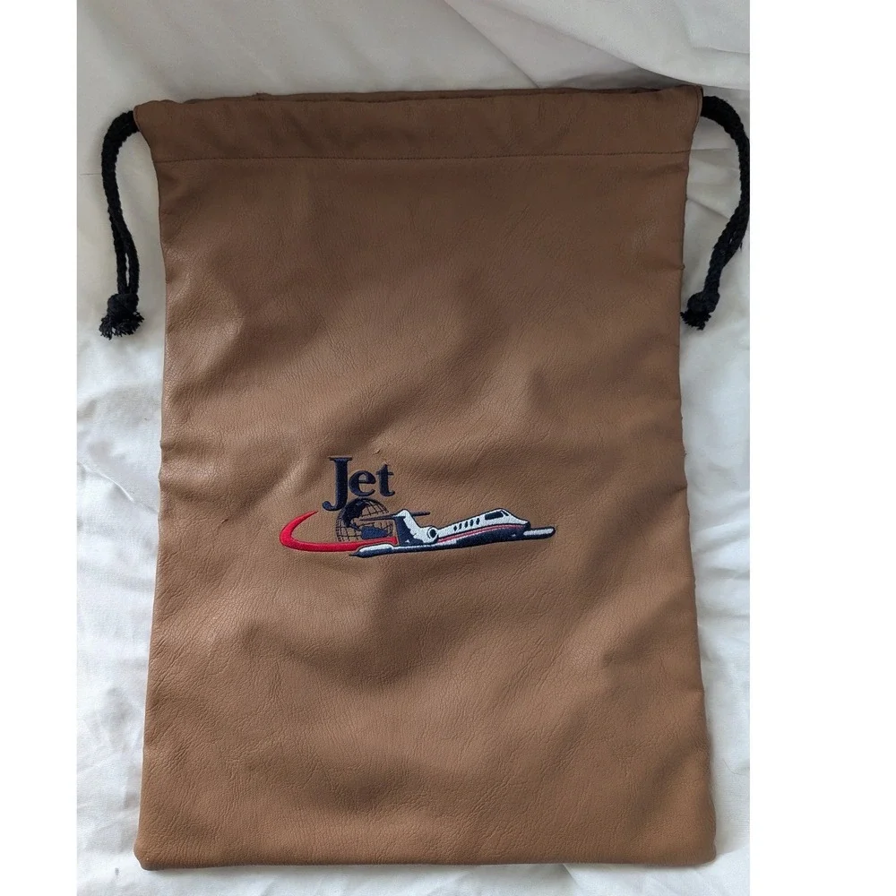 Rare Vintage Aviation Private Jet Embroidered Tan Leather Drawstring Pouch 16x12